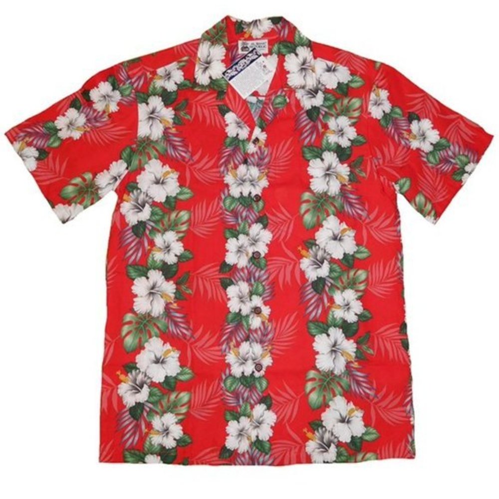 Men's Aloha Republic Island Hibiscus Panel lei Hawaiian Button Up Red Shirt